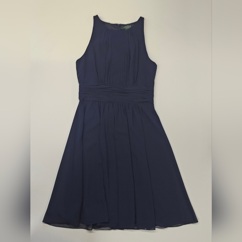 Lauren Ralph Lauren midi dress size 6 sleeveless navy blue gauzy work tailored
